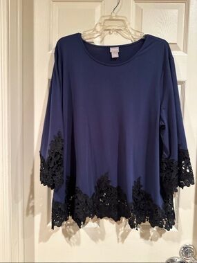 Chico's Navy Top with Black Crochet Lace Trim